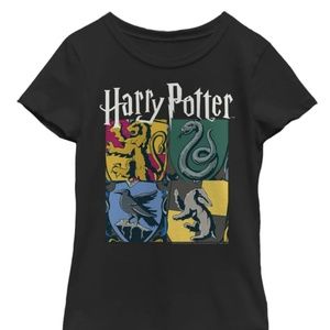 New Girl's Harry Potter Hogwarts houses vintage collage graphic tee